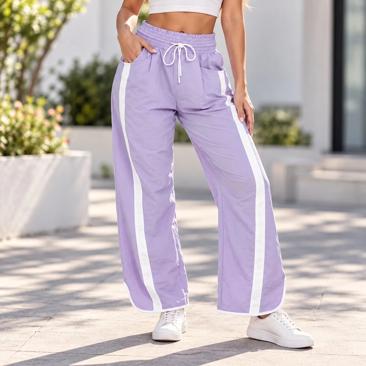 Patchwork Full Length Pants Straight Fit Elegant with Straight Leg Medium Stretch Gathered Detail Elegant Chic Women Pants