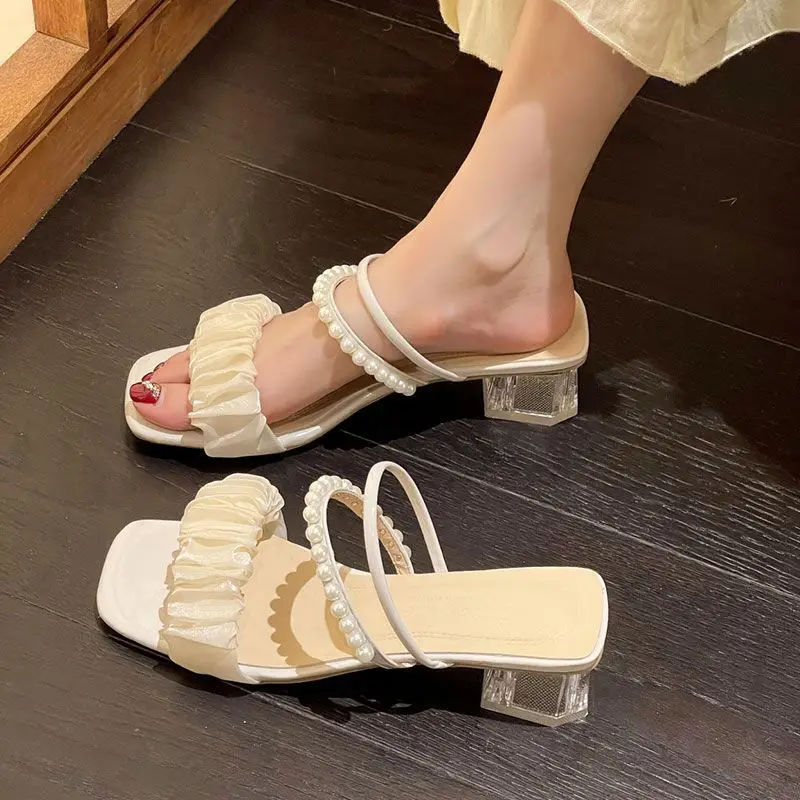 2024 Summer New SandalsWomen's Middle Heel Crystal Thick Heel Wearing Fashion Style Pearl Upper Decorative Sandals Women's Shoes