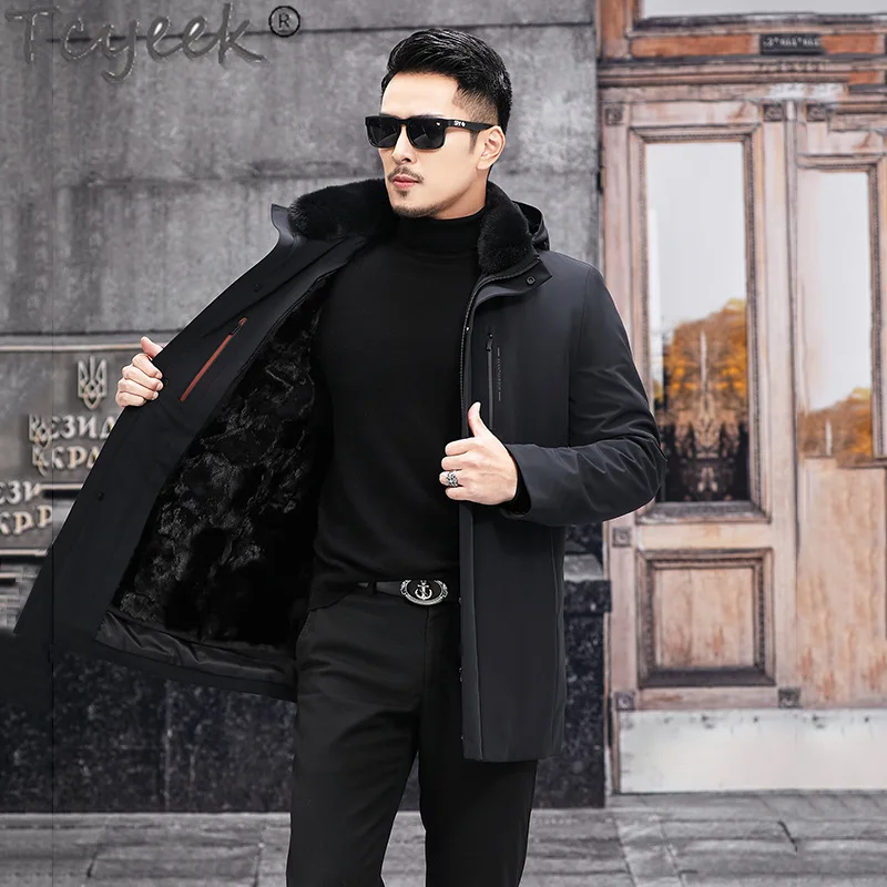 Tcyeek Real Mink Fur Coats Winter Warm Mens Fur Parka Slim Fashion Men Clothes Black Mid-length Jacket Korean Casaco Masculino