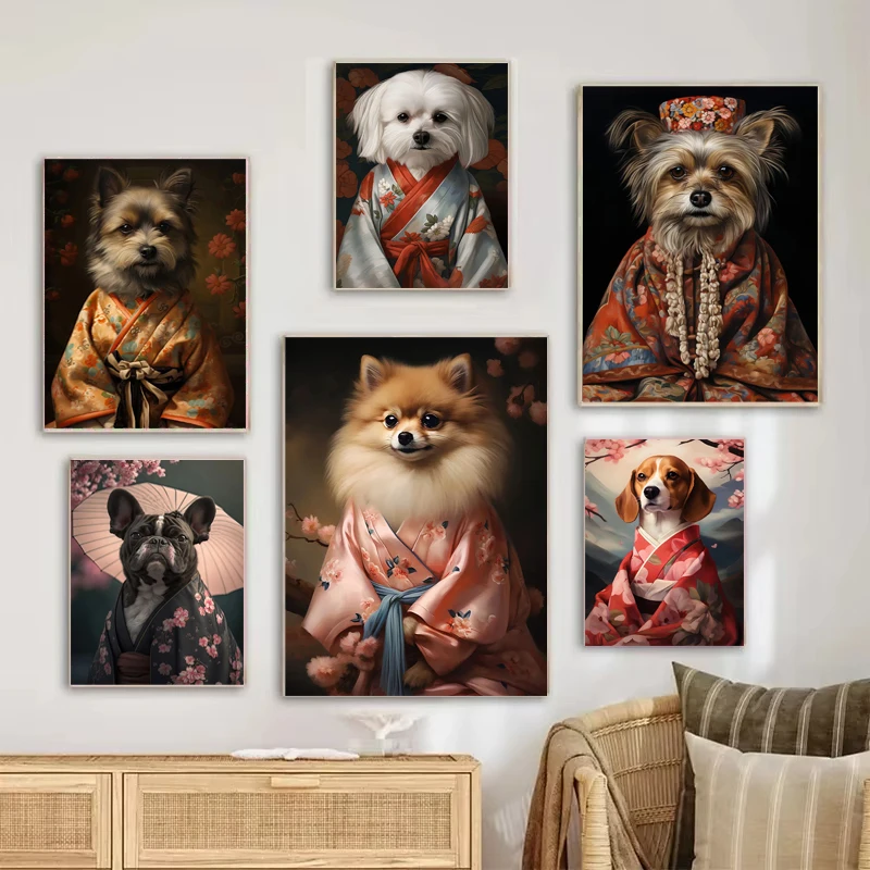 Cute Dog in Kimono Art Canvas Painting Japanese Style Yorkshire Pomeranian Beagle Maltese Poster Furniture Living Room Decor
