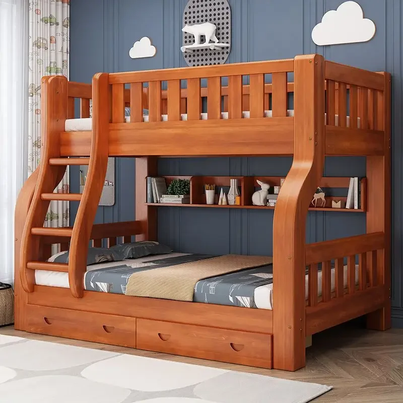 

A Girls Adults Solid Wood Frame Double Children Bed King Size Modern Bedroom Furniture Kids Bunk Bed With Slide and Stairs