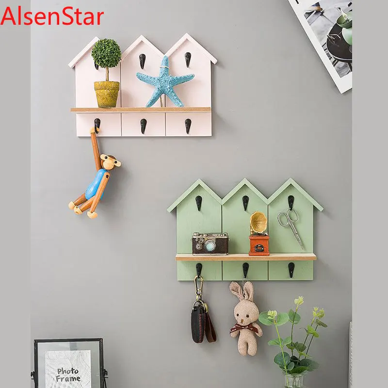 

Nordic Style Wall-mounted Storage Rack Wooden Porch Bedroom Wall Hanging Rack Key Hook Coat Rack Shelf Home Decoration