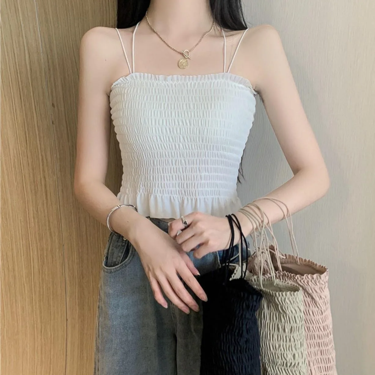 Girl's Wear Alone Padded Bandeau Top Strap Solid Color Korean Fashion Crinkled Ruched Cross Back Push Up Bodycon Vest Outwear