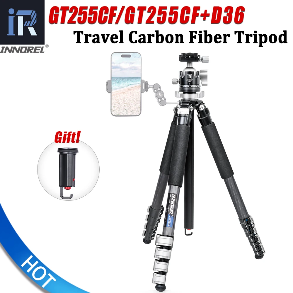 

INNOREL GT255CF 5 Sections Carbon Fiber Tripod for DSLR Camera with Fast Flip Buckle, Special-Shaped Center Column Max Load 15kg