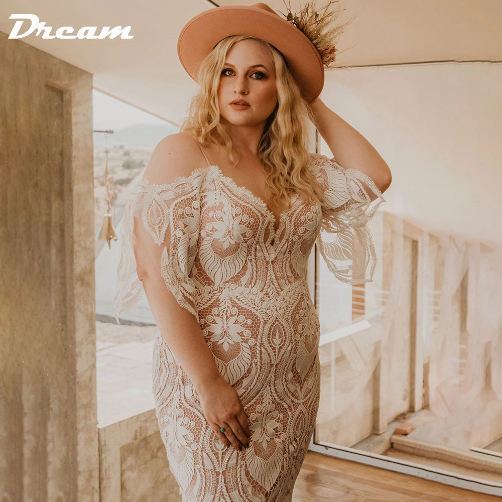 DREAM Spaghetti Strap Lace Plus Sizes Boho Wedding Dress Off Shoulder V Neck Backless Cut Out Mermaid Bridal Gowns 2023