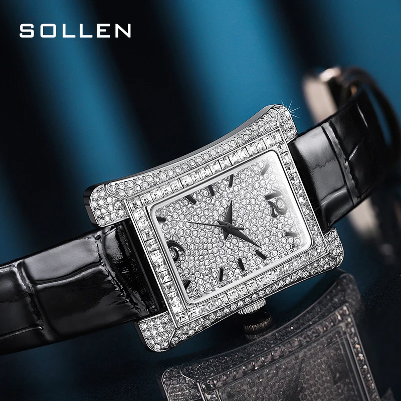 

Switzerland SOLLEN Luxury Brand Japan MIYOTA Quartz Movement Women's Watches Fashion Full Diamond Waterproof Leather Clock SL432