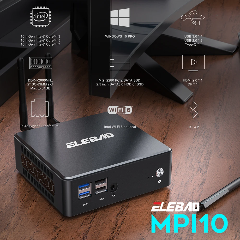 Elebao Com Port RS232 Core I7 Mini Pc Barebones Mini Computer Gamer Gaming 64GB DDR4 512GB M.2 Nvme SSD 1TB 2.5'' SATA SSD HDD