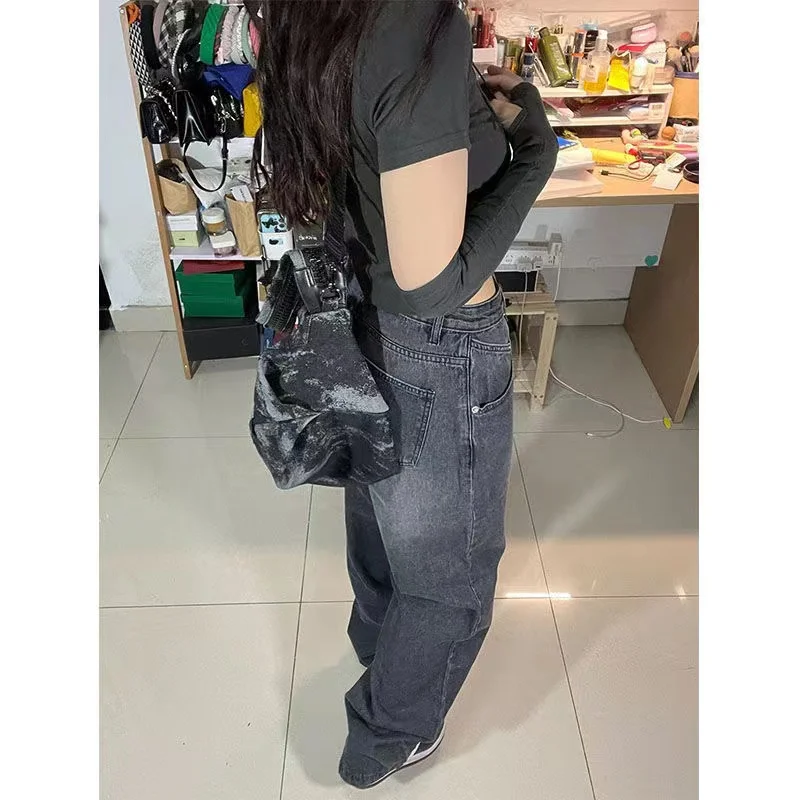 Women Vintage Streetwear Black Baggy Korean Jeans High Waiste Oversize Wide Leg Pants Grunge Denim Trousers Y2K Alt Clothes