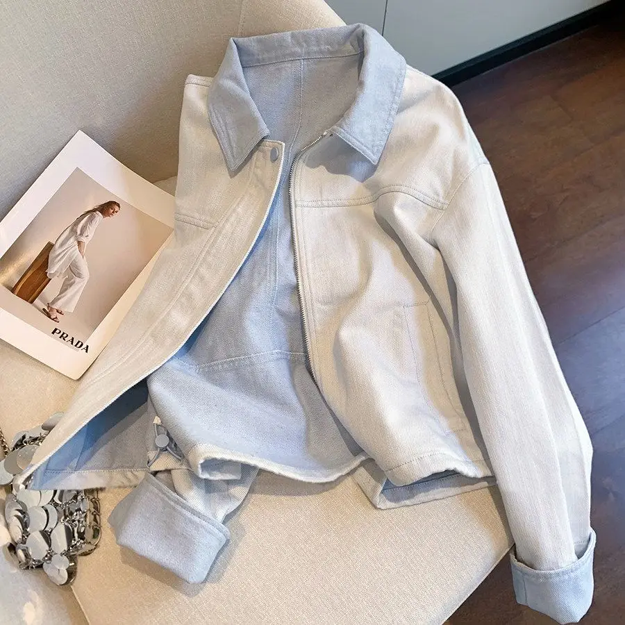 

Women Korean Loose Light Blue Jeans Jacket New Spring Autumn Fashion Casual Patchwork Denim Coat Ladies Zipper Outwear