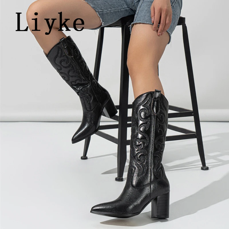 

Liyke Autumn Winter Black Knee High Boots Women Fashion Embroider Pointed Toe Slip On Long Shoe Low Heels Western Booties Female