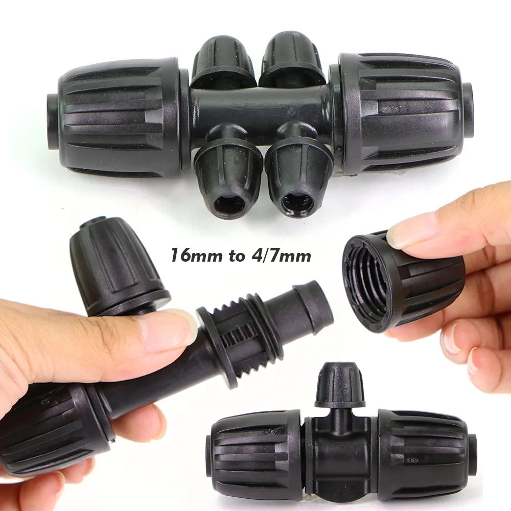 16mm to 4/7mm Hose Tee Joint w/ Lock for Garden Drip Irrigation Tube Fittings 4-Way 6-Way Watering Connector 1/2