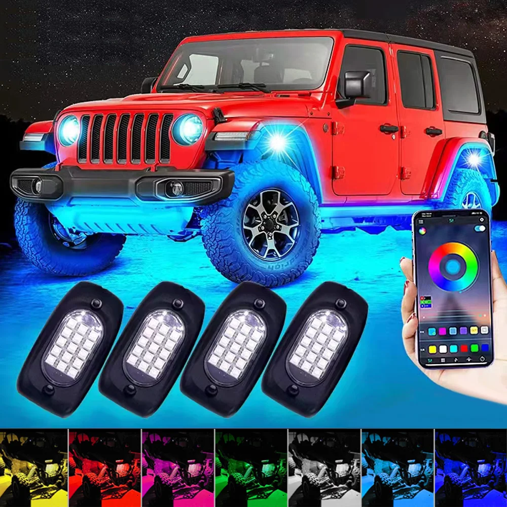 Car LED Underglow Light RGB LED Rock Lights Kit Bluetooth APP Remote Control Multicolor Auto Decorative Ambient Atmosphere Lamps