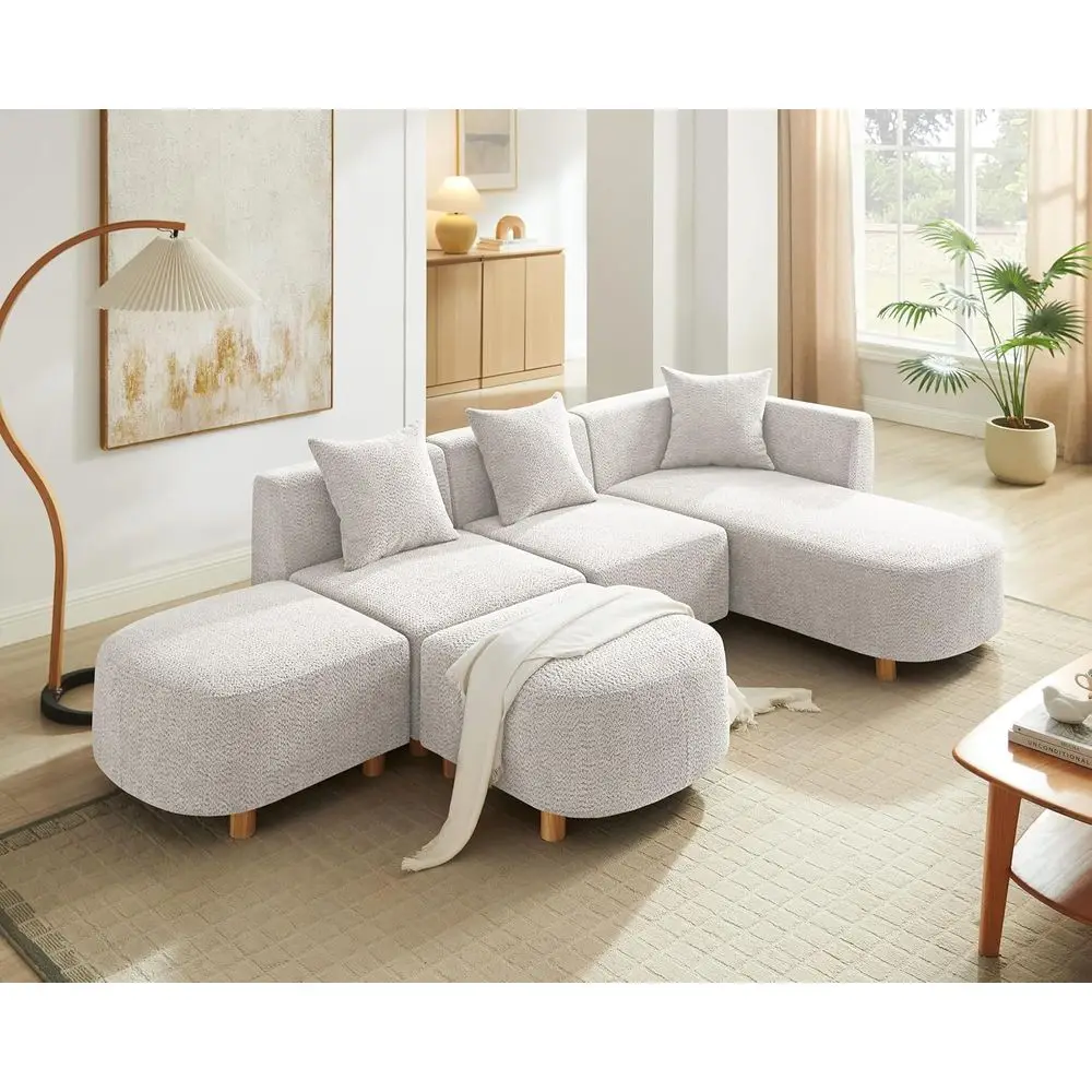 

5-местный раскладной диван-кровать Cloud Couch с 3 подушками, пуфиком и современным секционным диваном кэмел-цвета для гостиной или офиса