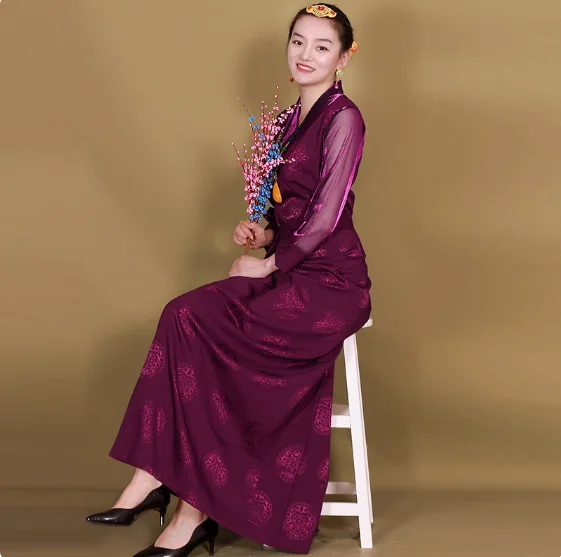 

Chinese Xizang Summer Women's Yarn Sleeve Bola Brocade Tibetan Robe Skirt