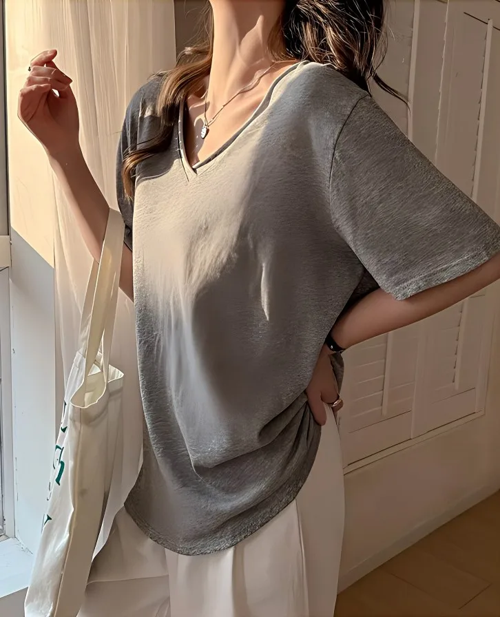 Summer Commute Curled V-neck Short Sleeve Woman Loose Casual Korean Tees Breathable Daily Soft Streetwear All-Match Clothes