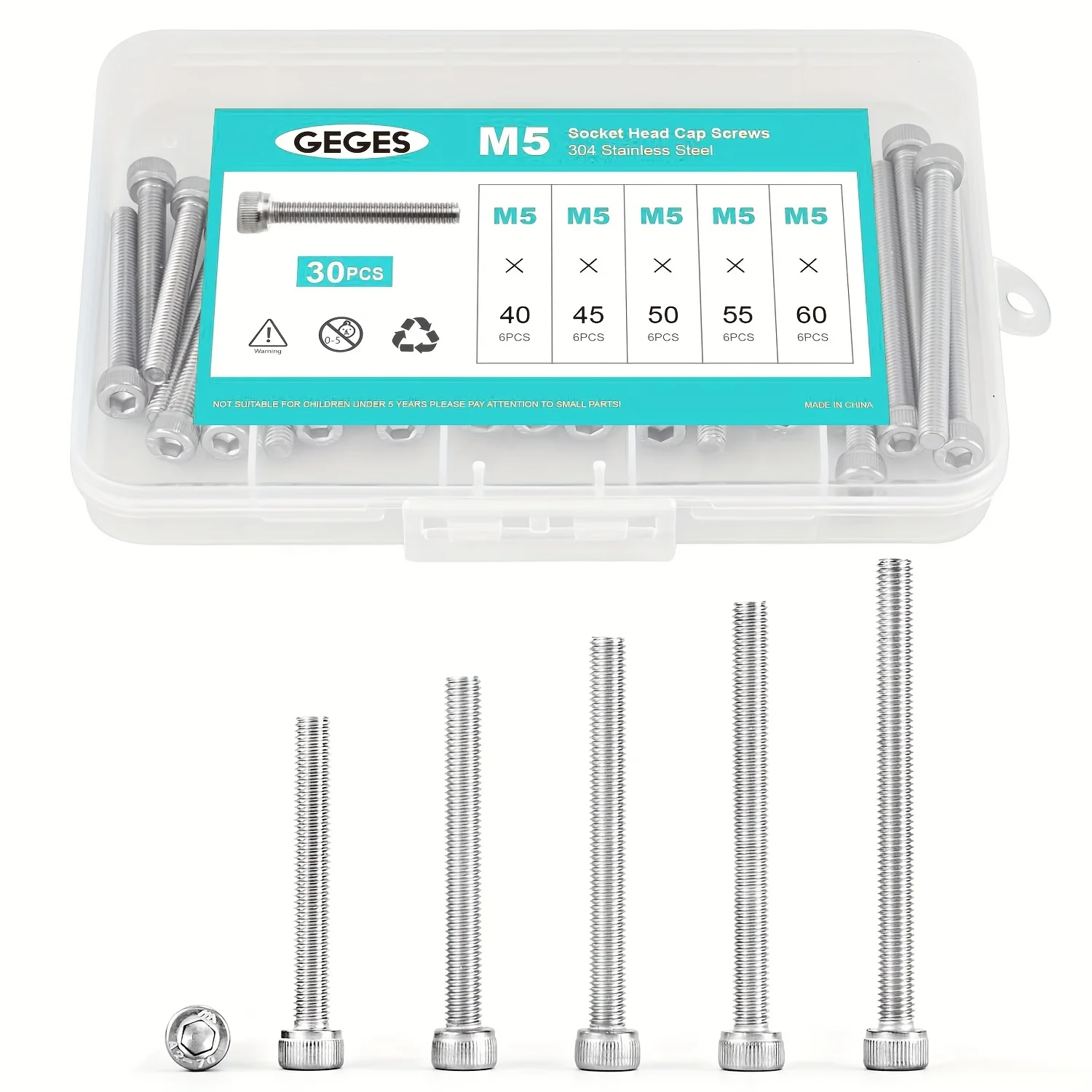 M5 x 8mm 12mm 16mm 20mm 25mm 30mm 35mm 40mm 45mm 50mm 55mm 60mm Hex Socket Head Cap Screws Bolts 304 Stainless Steel