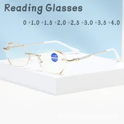 Women Diamond Cut HD Rimless Reading Glasses Anti-blue Light Eyeglasses Near Sight Protective Computer Eyewear Diopter 0 To +4.0