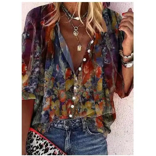 Col montant imprimé pour femmes, irt, manches mi-longues, coupe ample, fibre de Polyester, longueur 00% sept Sve, motif Floral