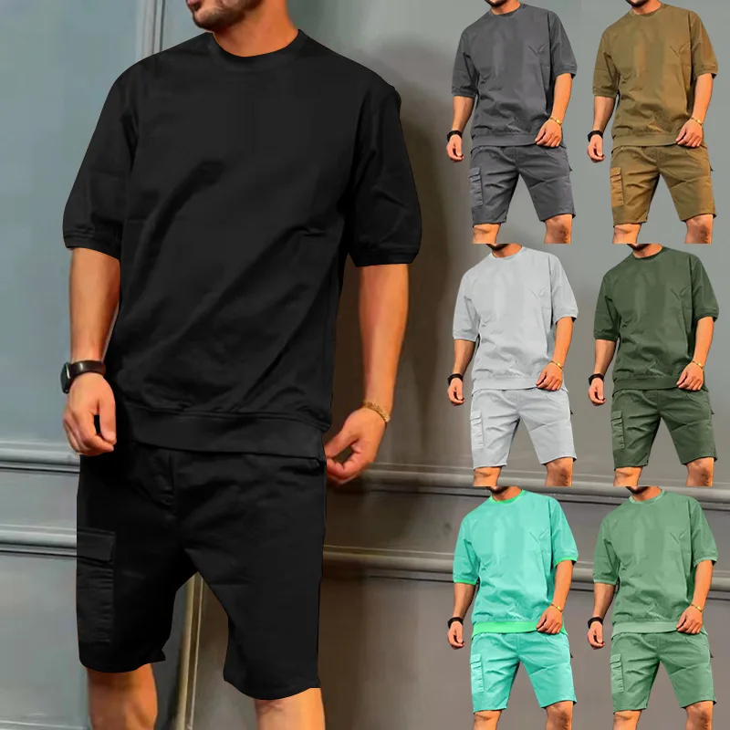 

Men's Summer Casual Sportswear ort Sve T-irt And Five-Point Pants Set Comfortable Cotton Sweatabsorbent Breathable