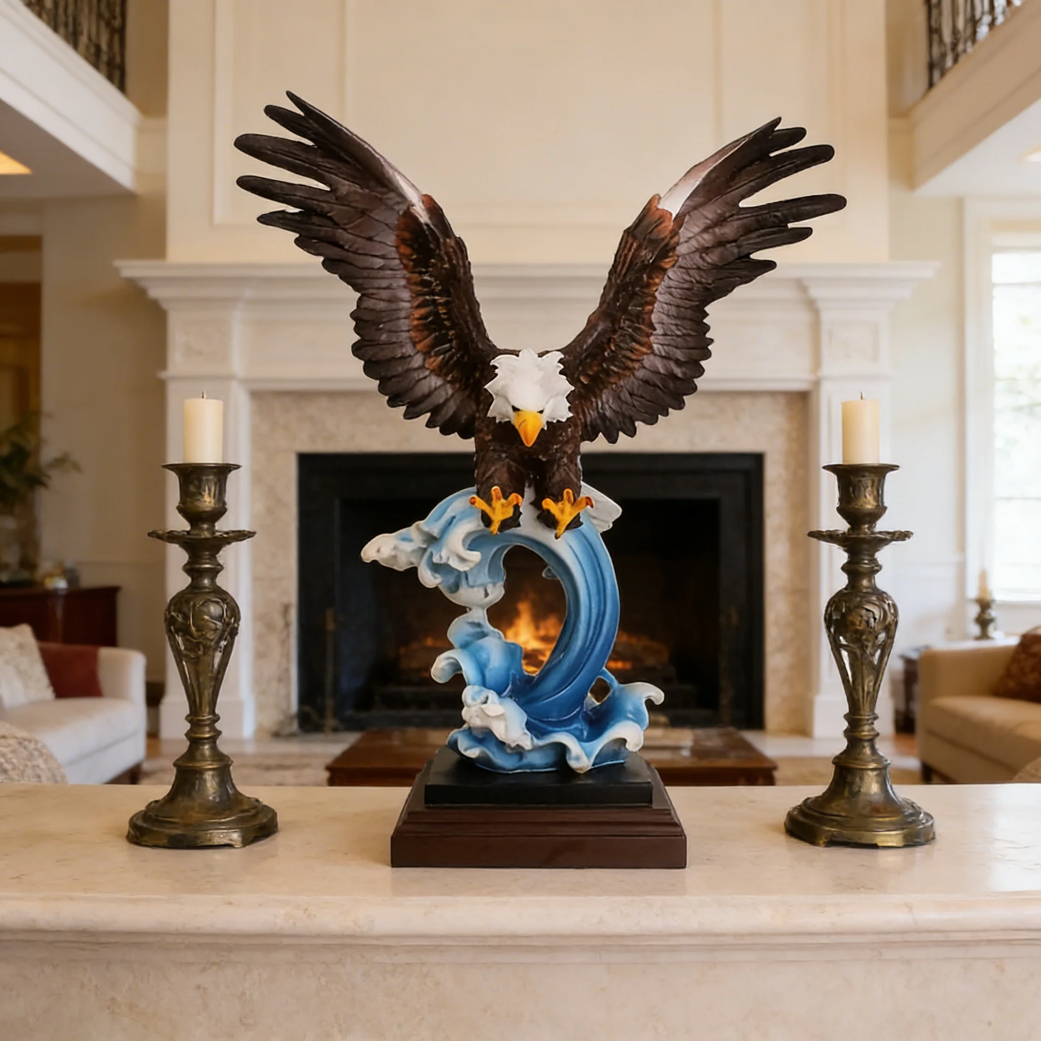 Majestic Bald Eagle Soaring Over Ocean Waves Resin Sculpture, Realistic Eagle Statue, Handcrafted Home Decor For Living Room