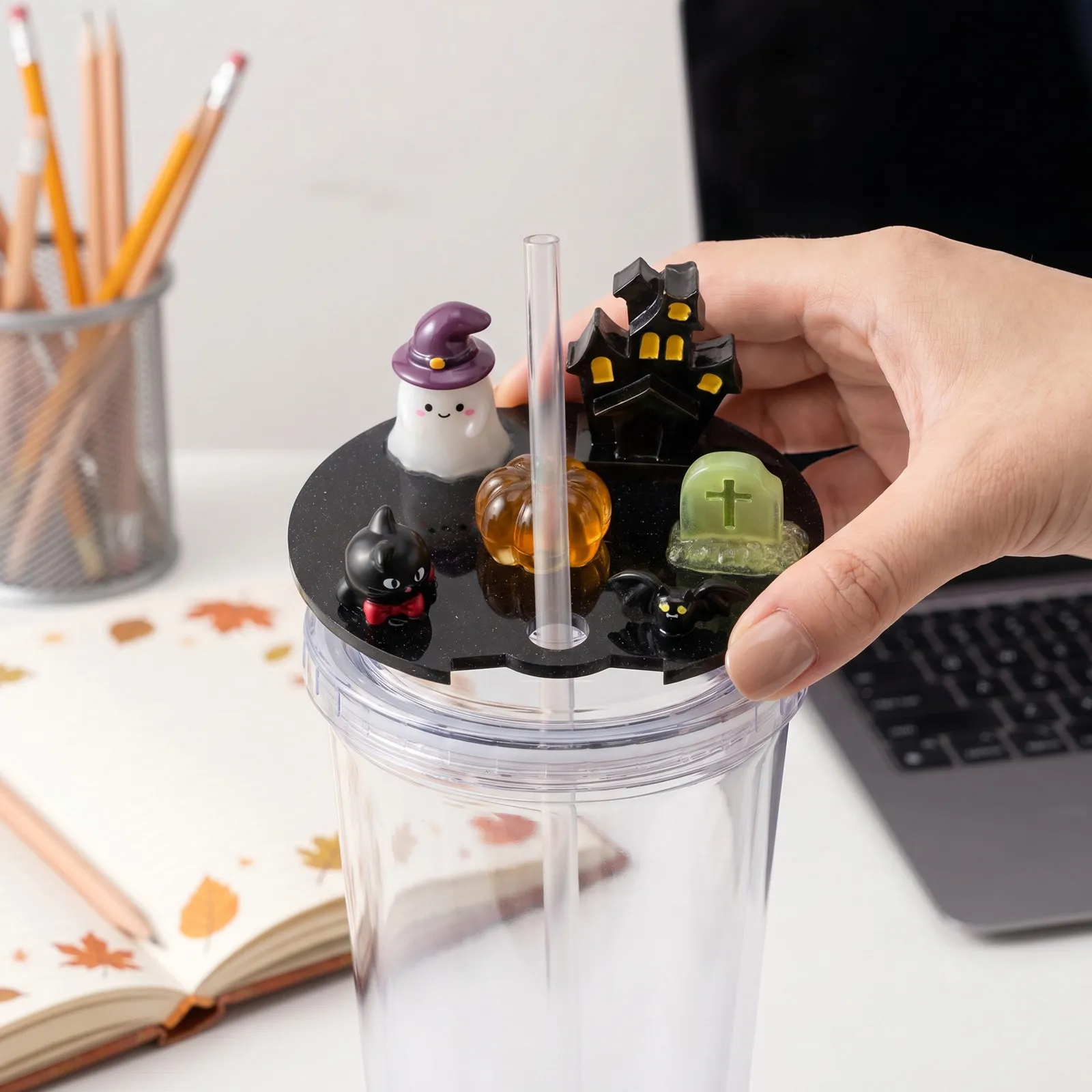 Halloween Acrylic Cup Lid Silicone Straw Plug Cap Lids Toppers Reusable Cover Caps Tumbler Lid Replacement