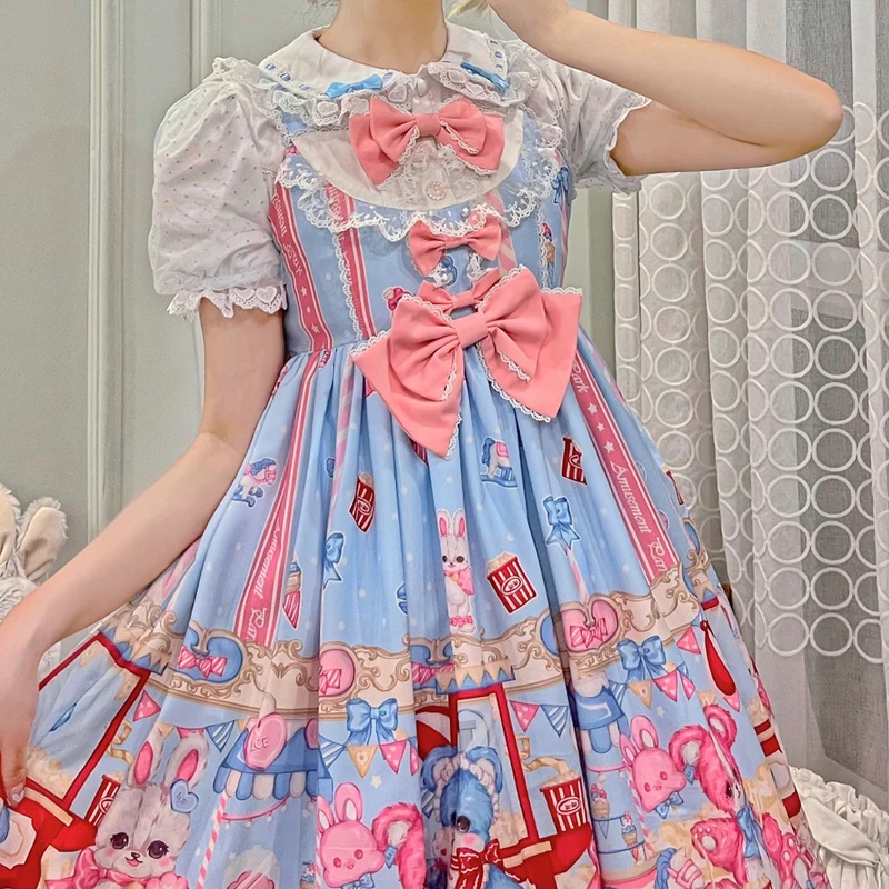 Japanese Sweet Lolita Jsk Dress Bear Party Girly Suspender Jsk Dress Summer Kawaii Sleeveless Princess Dress