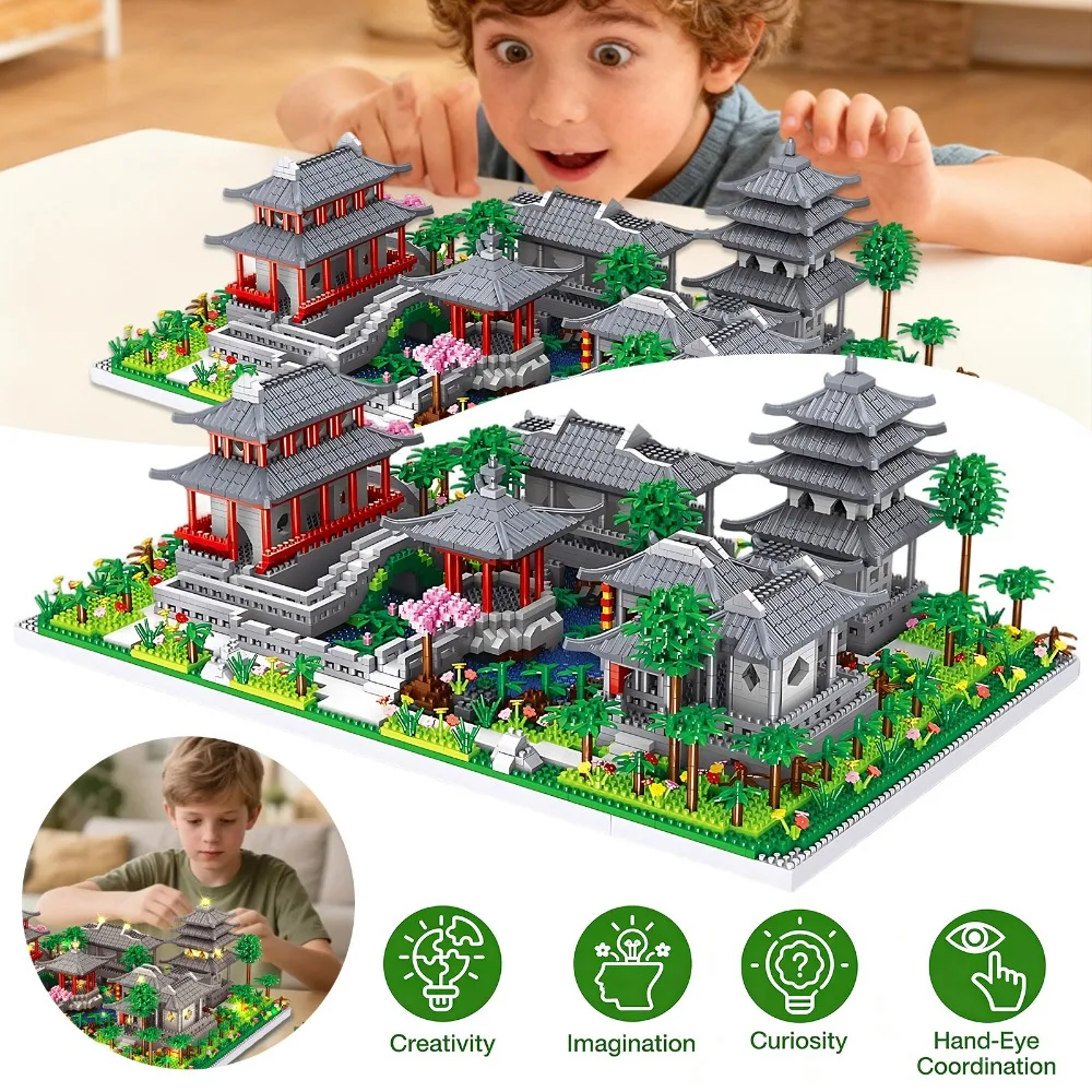 Ensemble de 3930 pièces de micro-blocs de construction du Jardin Classique de Suzhou, modèle d'architecture chinoise miniature exquis pour la décoration du salon, de la chambre et du bureau, kit de montage DIY stimulant, cadeau de collection anti-stress pour les passionnés adultes