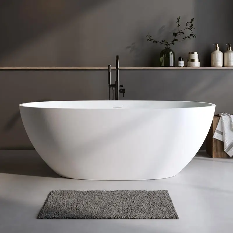 

55" Solid Surface Matte Bathtub, Soaking Tub, Stone Resin Freestanding Tub, Thick Edge Standalone Tub with Overflow and Pop-up