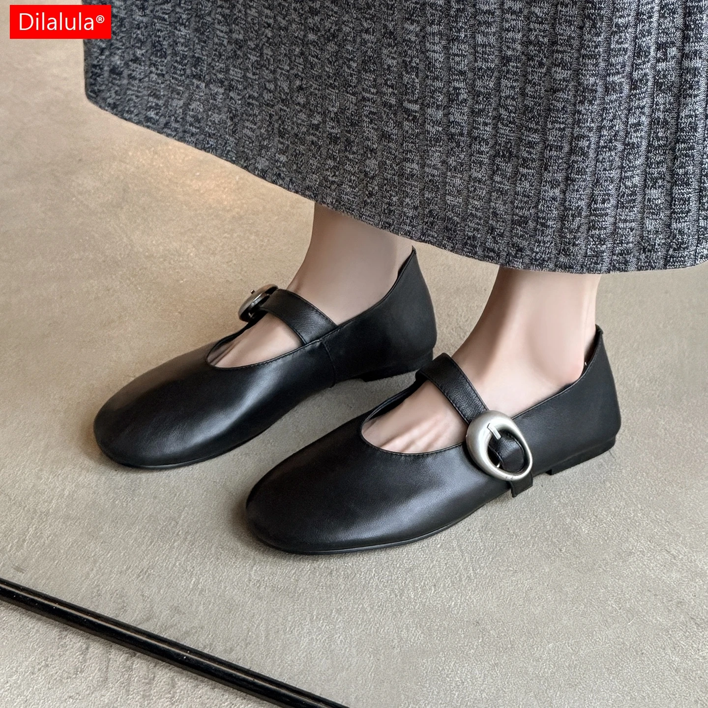 

Dilalula 2026 Newest Sheepskin Leather women's Mary Janes Shoes Buckle Up Flat Heel Pumps Young Lady Leisure Shoes Ballet Flats