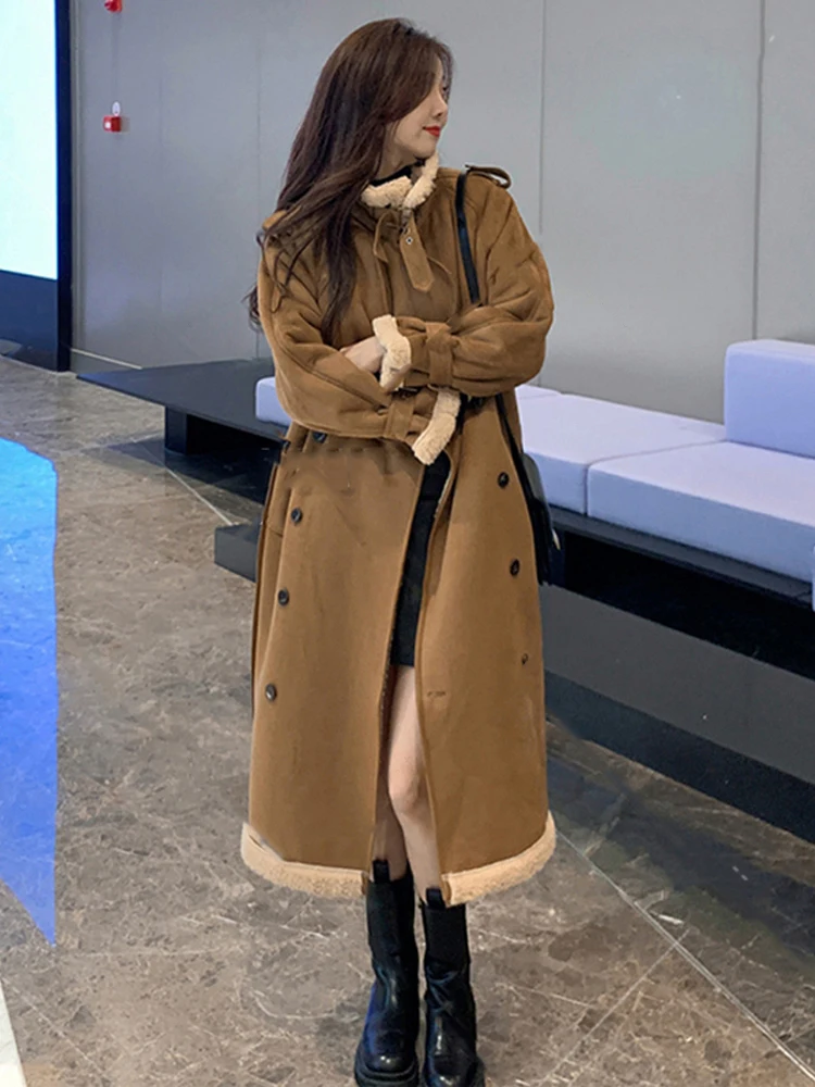 Lamb Wool Deerskin Velvet Outerwear Women Autumn and Winter Loose Stand Collar Mid-Length Fur Integrated Thickened Woolen Cas...