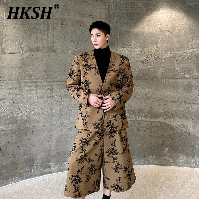 HKSH Spring Autumn New Men's Tide Fashion V-neck Suit Punk Printed Personalized Pattern Trendy Blazer Pants Two-piece Set HK3261