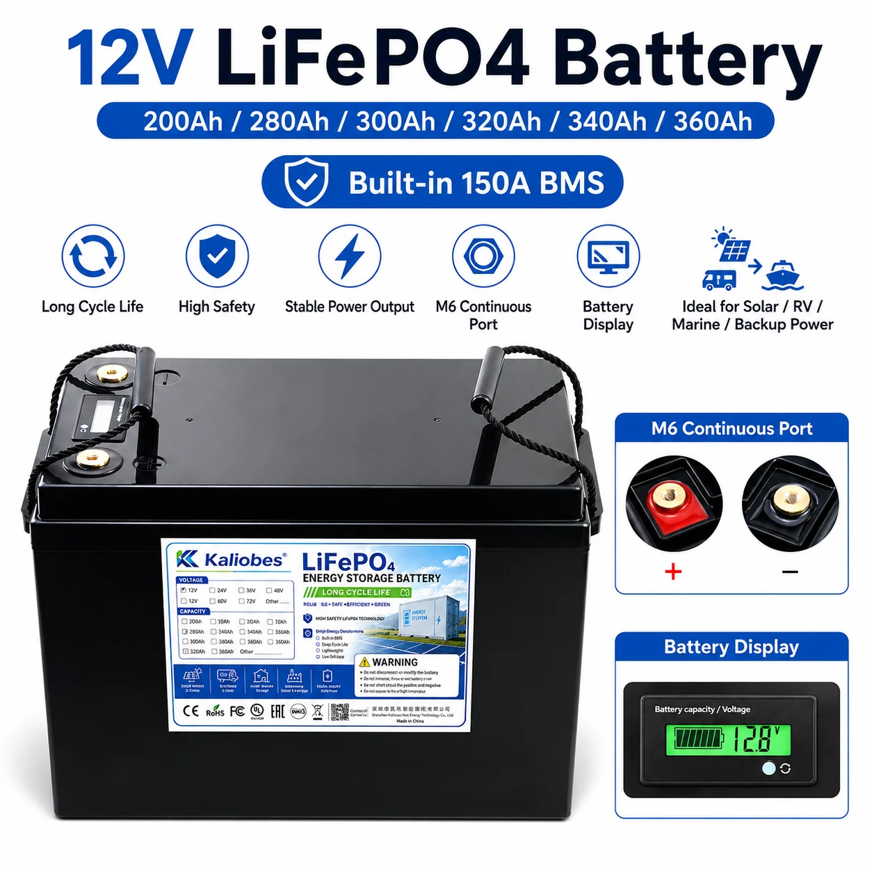 12v 200Ah 280Ah 300Ah 320Ah 340Ah 360Ah LiFePO4 Battery Pack 12.8V For Home Solar RV Golf Cart Fishing Boat 14.6V  BMS 150A