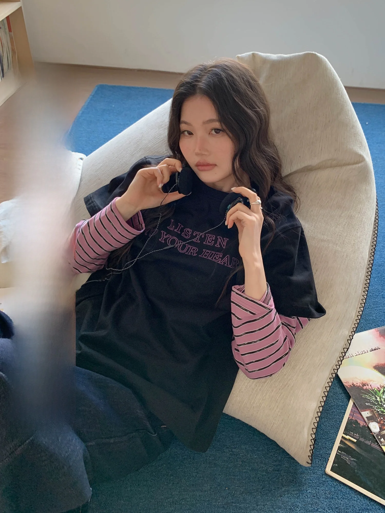 

Женская футболка Street Sle Long Sve с круглым вырезом, принтом букв, полосатыми вставками и эффектом двухслойности, новинка весенней коллекции