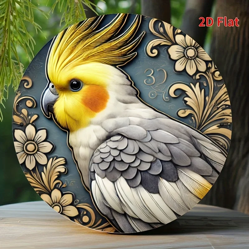 2D Flat, Round Aluminum Metal Sign with Vibrant Cockatiel Bird Design - UV and Scratch Resistant, Easy to Hang Home & Office Dec