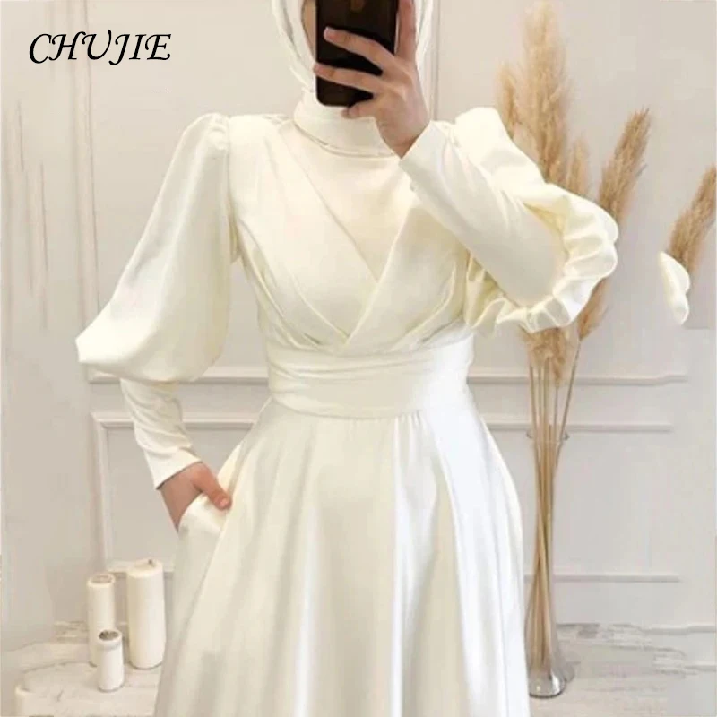 Simple A-Line Robe De Mariée Muslim Wedding Dresses Satin Elegant High Neck Lantern Sleeves Bridal Gowns For Bride فساتين زفاف