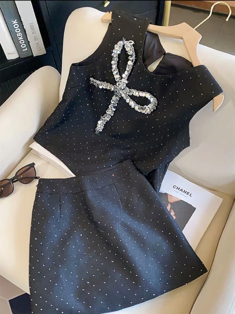 2024 New Women's Summer Bow Sequin Black Sleeveless Vest Skirt Two-piece Set Casual Popular Conjuntos Feminino Elegante