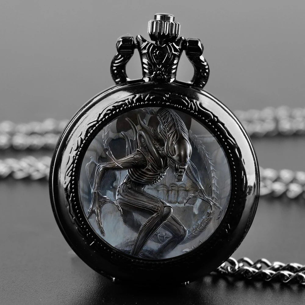 Alien Xenomorph‌ Design Unique Gifts Vintage Arabic Numerals Quartz Pocket Watch Necklace Pendant Clock Chain Men Gifts for Boys