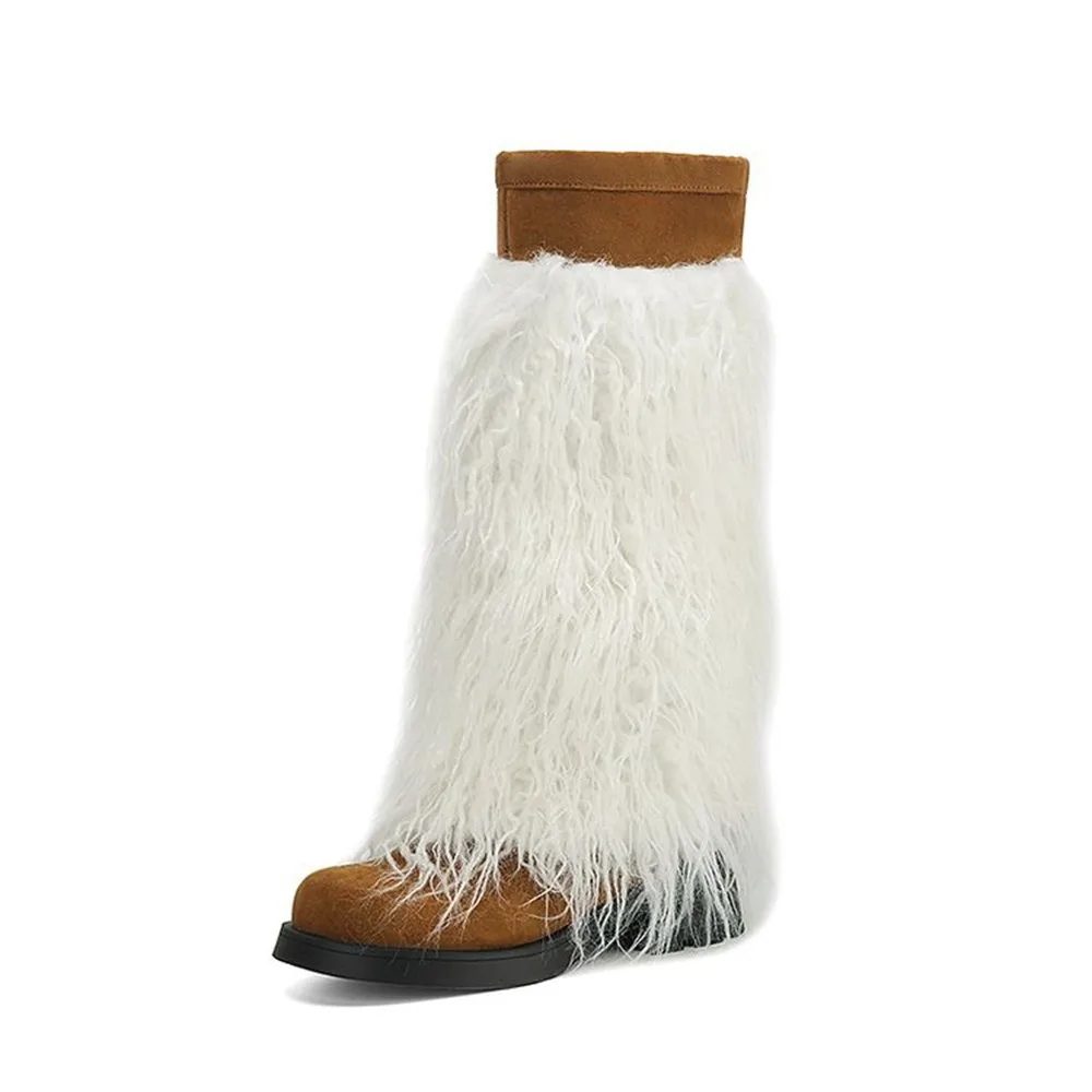 Winter Warm Furry Knee High Boots Women Suede Low Heel Faux Fur Long Boots Brown 34-43 124-11 view 2