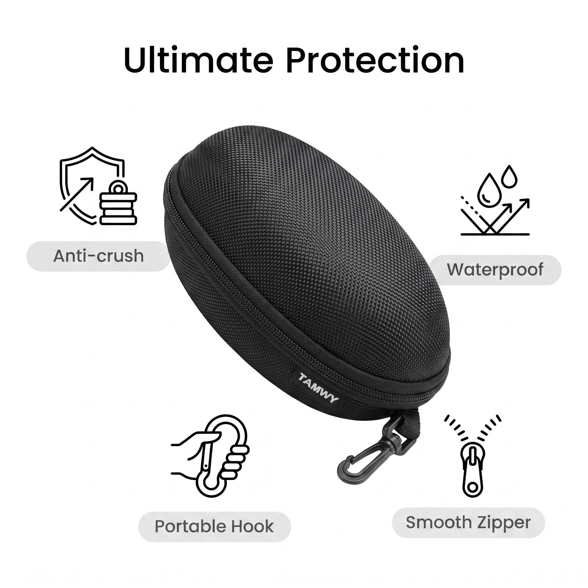 Hard EVA Sunglasses Case with Double‑Layer Protection, Soft Velvet Lining Eyeglasses Storage Box with Carabiner Hook