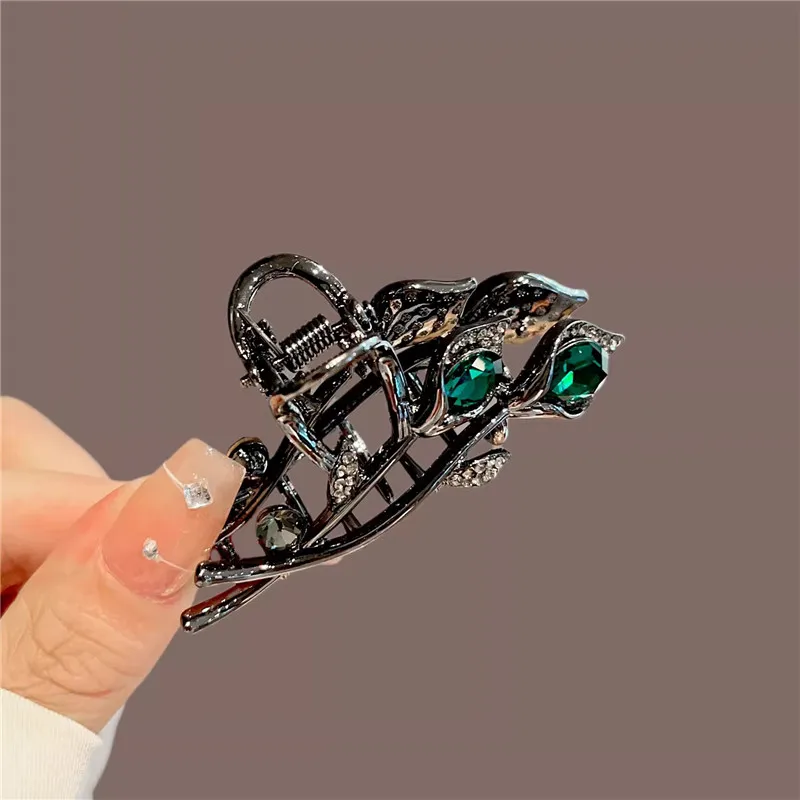 Elegant Retro Style Tulip Hair Claws - Medium Size, Alloy Inlaid with Rhinestones, Suitable for Ponytail and High Bun Hairstyles