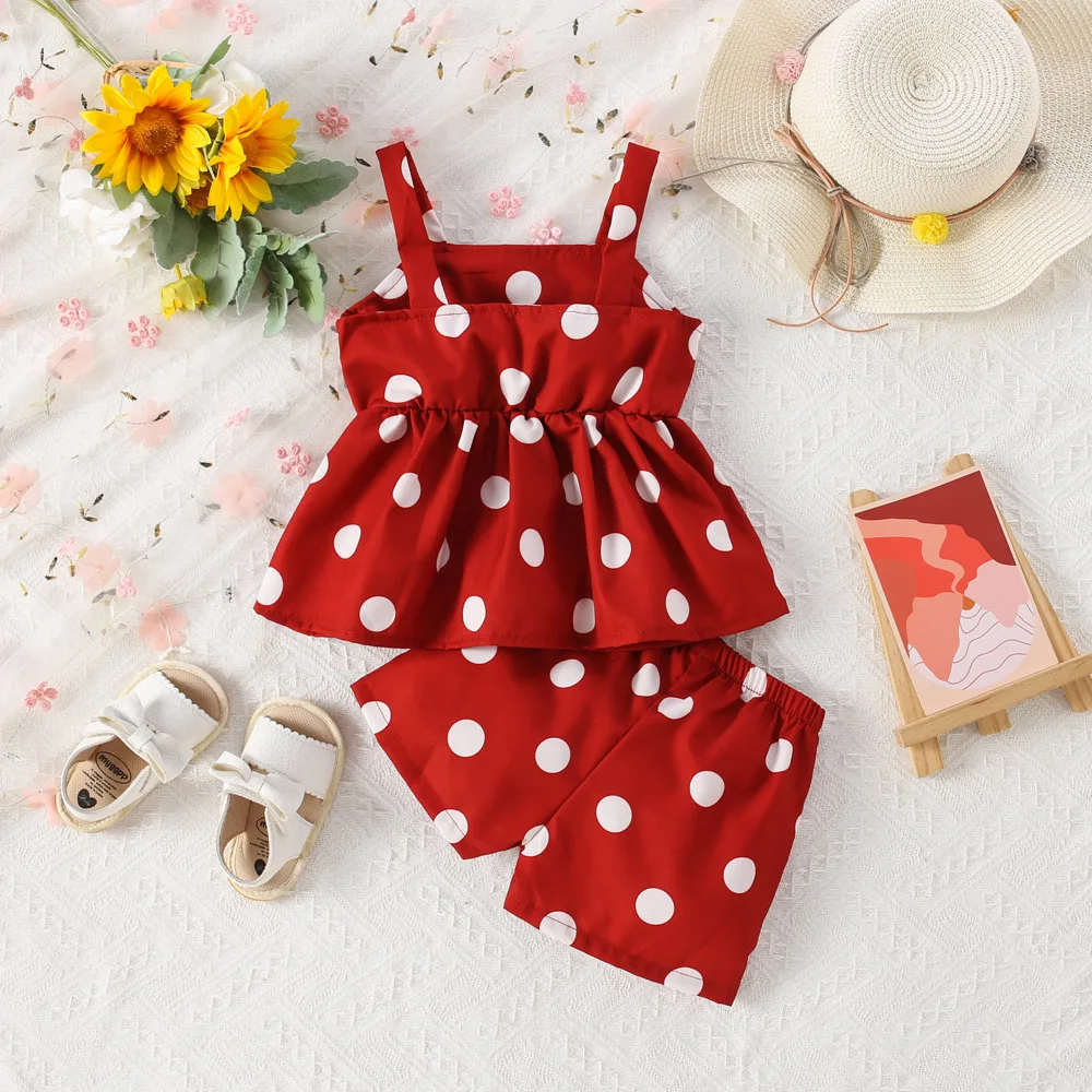 2Pcs/Set Baby Girl Set Summer Girl Polka Dot Red Beach Set Two Piece Set Cute Girl Clothing Suspender Shorts Set