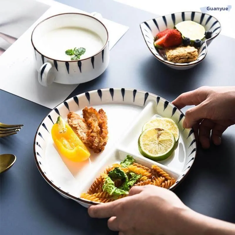 

Japanese Style Creative Three Grid Ceramic Plate Dinnerware Set Adult Style Underglaze Color round Shape 1cm Deep Plate