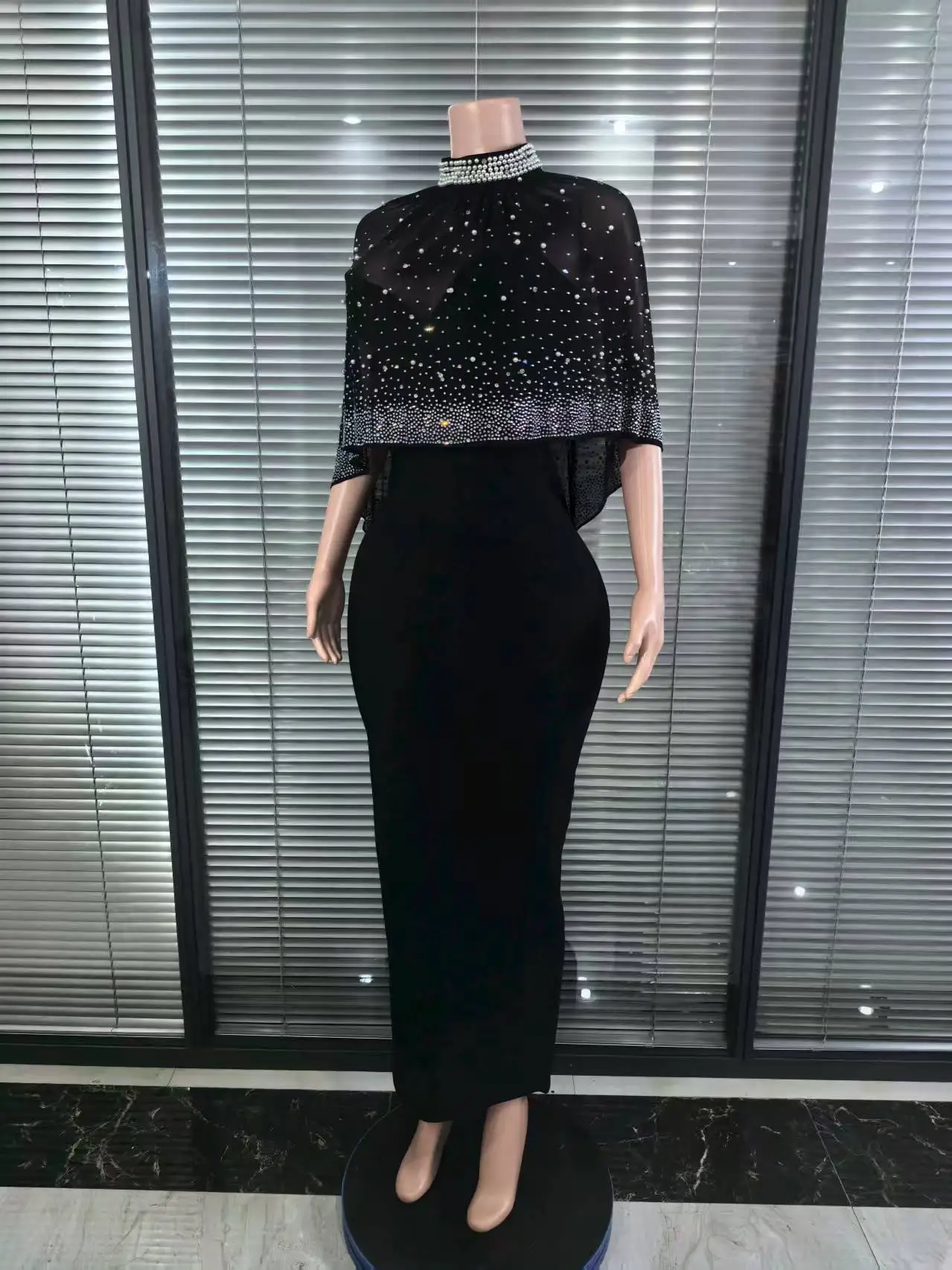 2 Piece Outfit Zipper Back Slit Slim Strapless Maxi Dress Rhinestone & Pearls Decor High Neck Zipper Back Sheer Mesh Poncho Cape