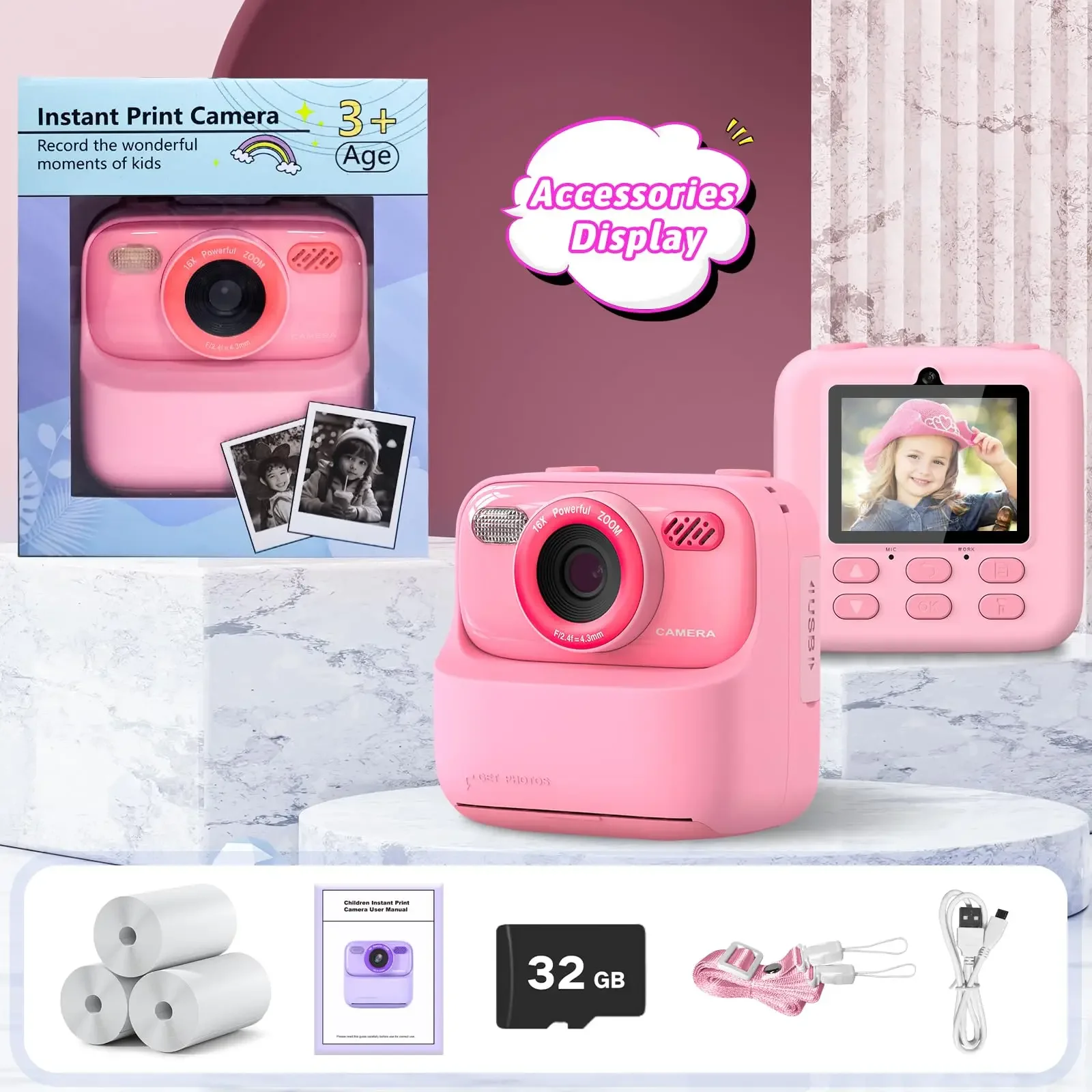 Kids Camera Instant 1080P HD Dual Lens Selfie Digitale Camera voor Meisjes Jongens Kerst Verjaardagscadeautjes Speelgoed Met 32G Print