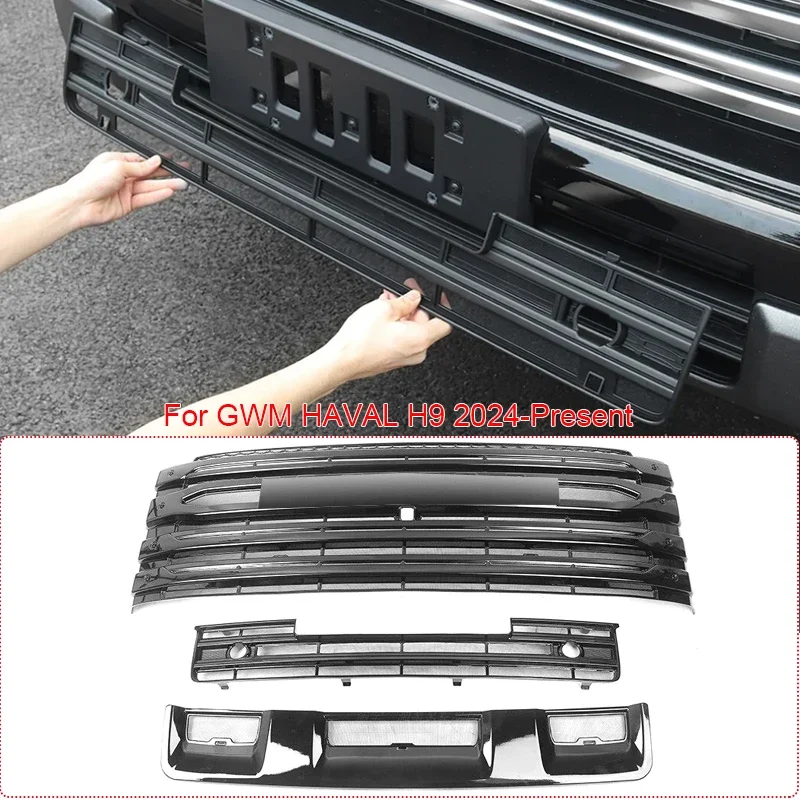 ABS Car Modify Front Bumper Center Intake Grille Cover For GWM HAVAL H9 2024-2027 Auto Front Buckle Insect Proof Net Accessory