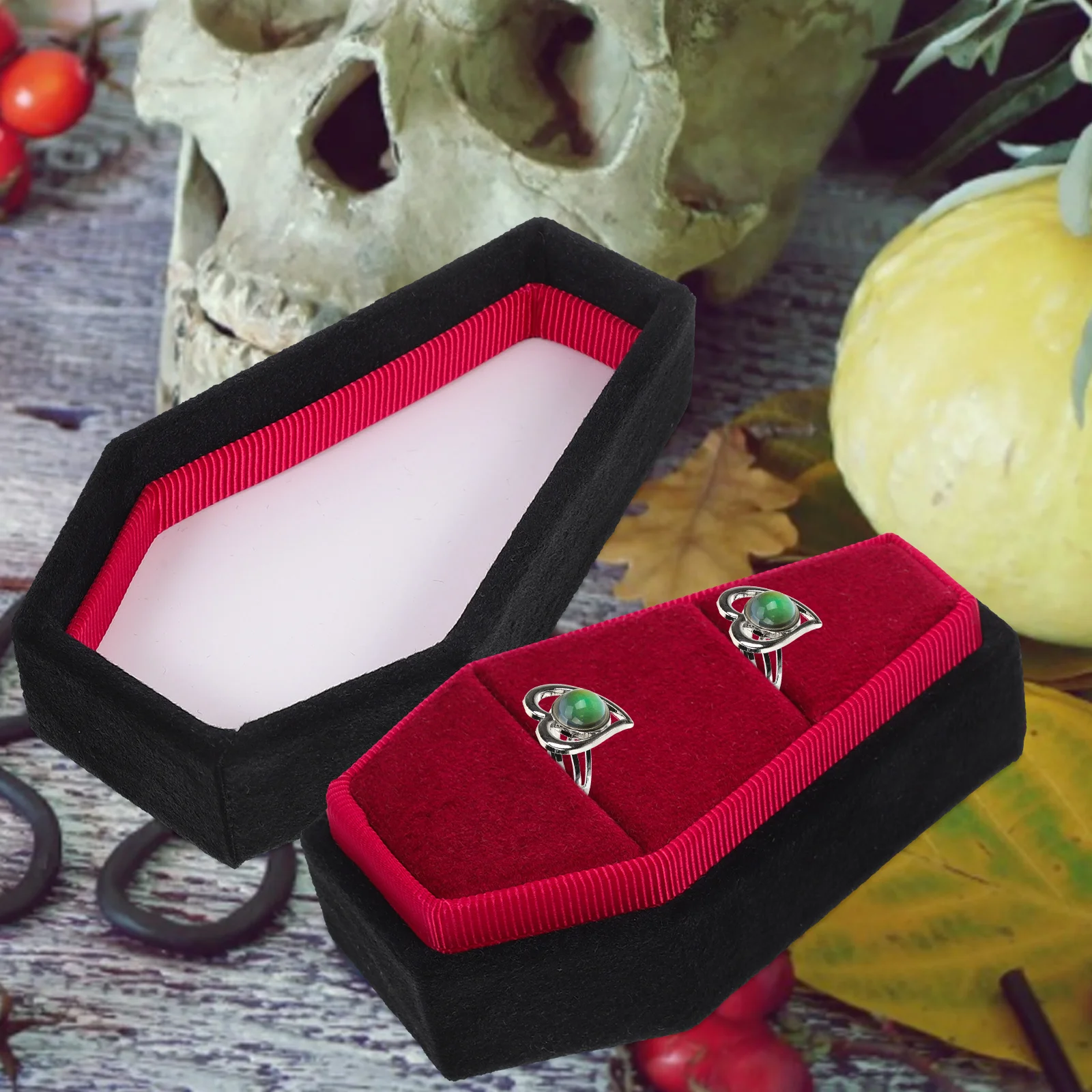 Halloween Goth Wedding Ring Box Jewelry Travel Case Abs Plush Coffin Shaped Rings Holder