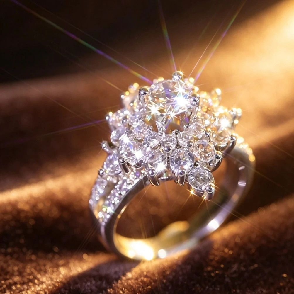 1 Pc Flower Cluster Round Cubic Zirconia Ring Wedding Promise Ring, Ladies Fine Party Jewelry Accessories Daily Decor Valentine's Day Gifts