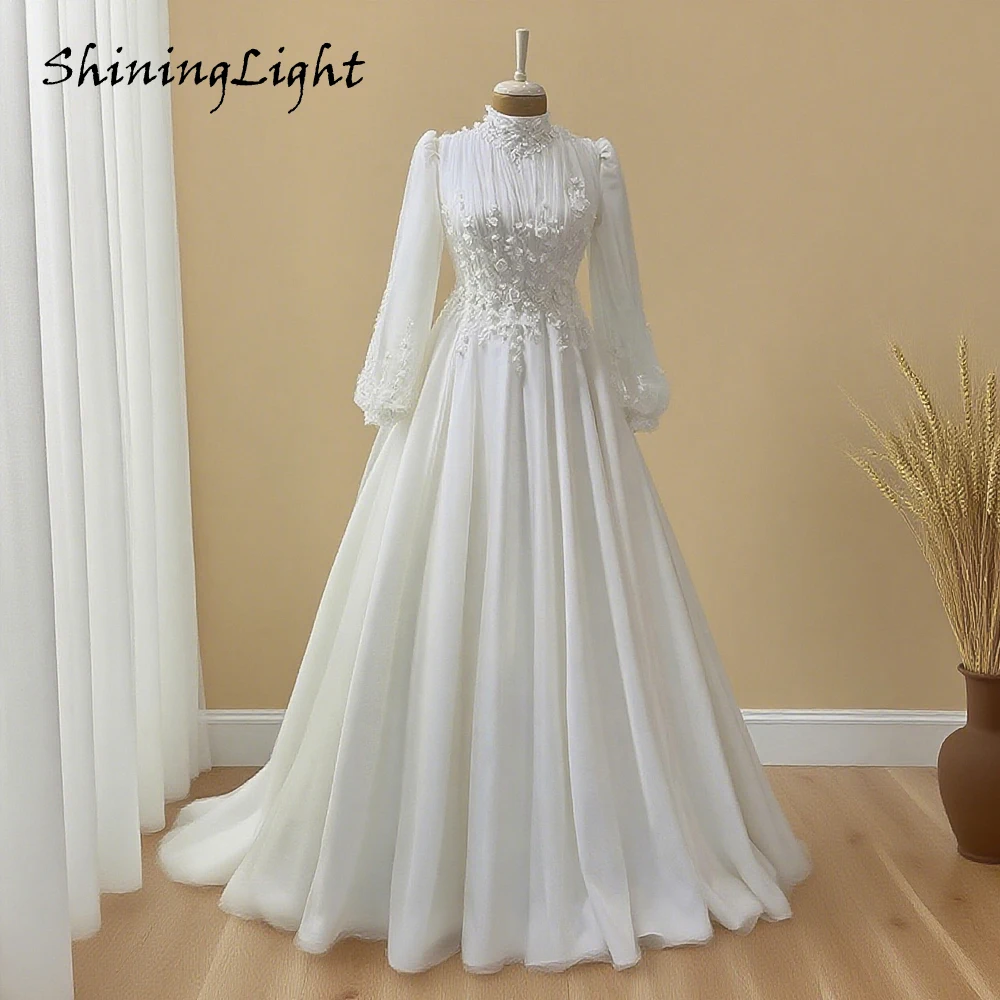 

Elegant A-line Chiffon Muslim Wedding Dress 2026 Long Sleeves Ivory Bridal Gowns Lace Appliques Robe De Mariée Customized