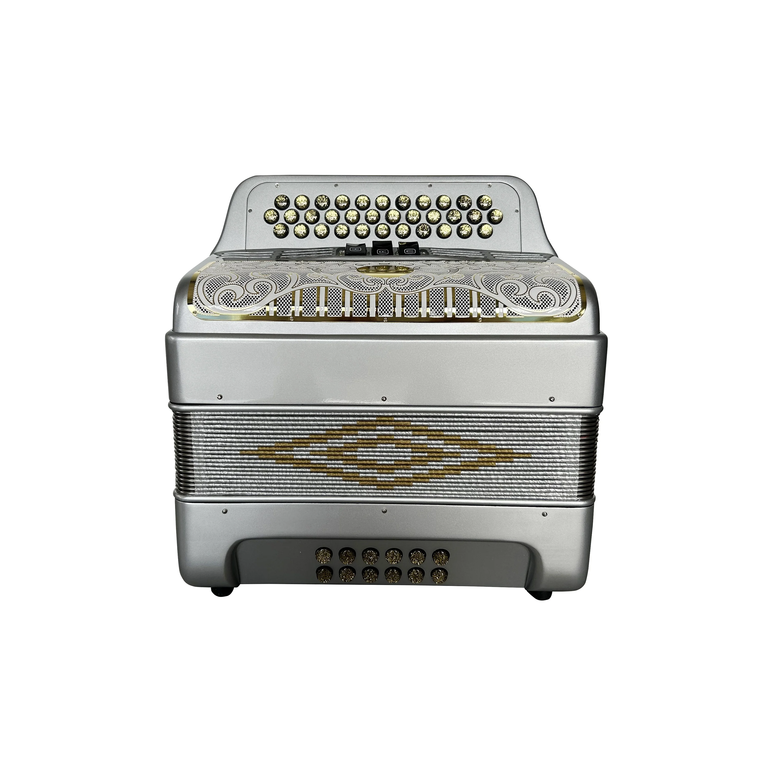 

Professional 34-Button 12-Bass 3-Register Silver Accordion White Gold Grill Gold Buttons JB3412C Musical Instrument
