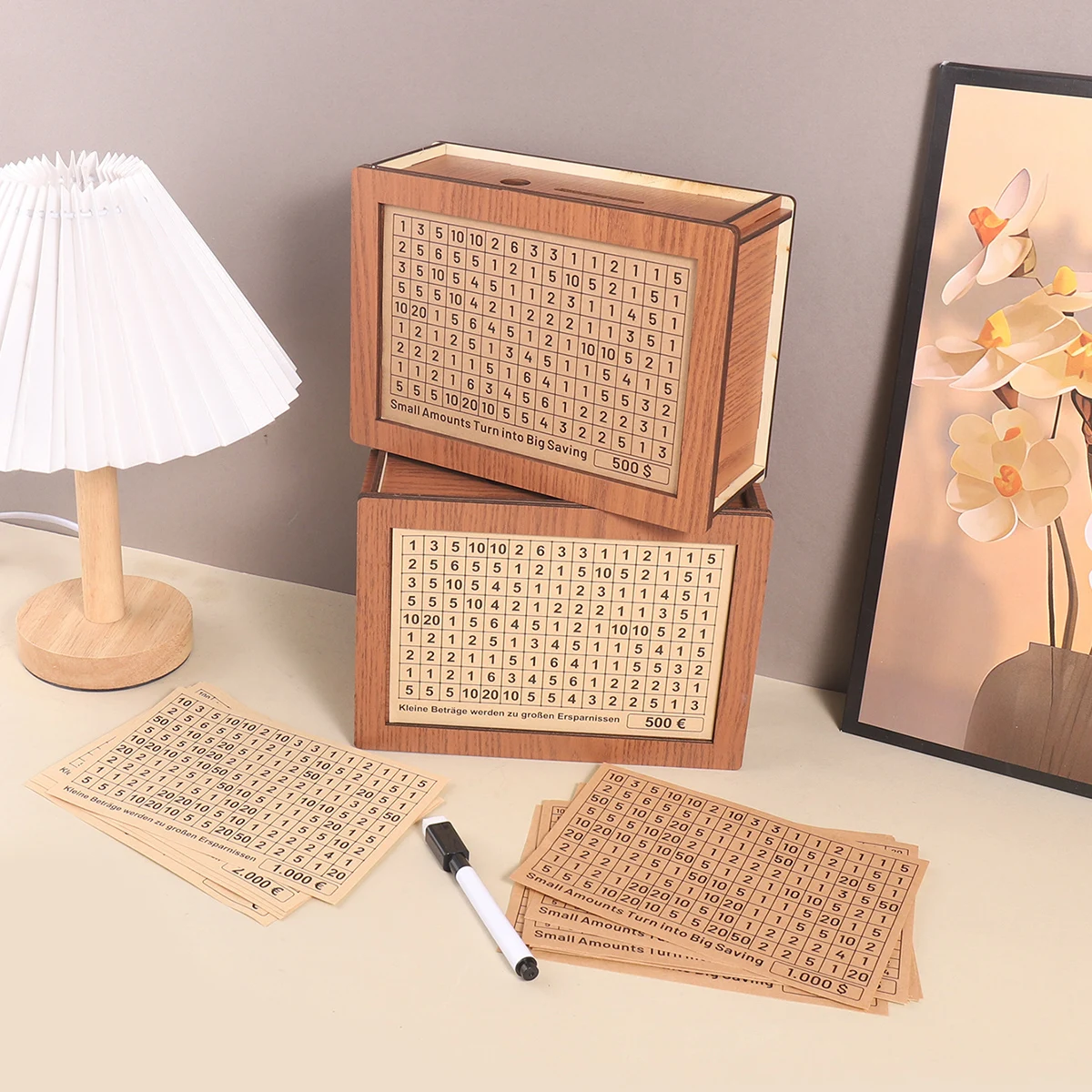 1 Light Brown Wooden Money Box, Cash Storage Box with Replaceable Stickers, Home Table Decoration Fun Money-Saving Organizers